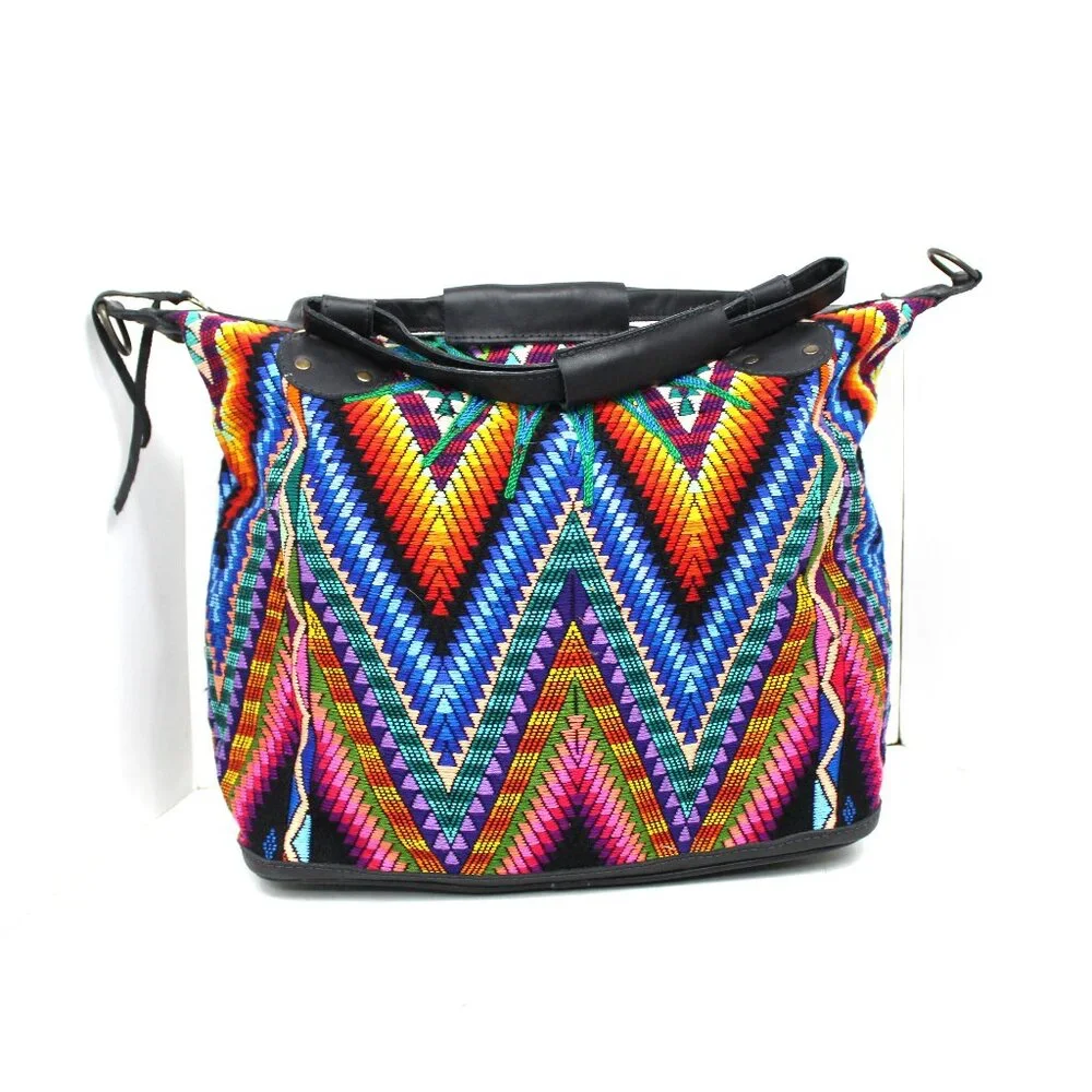 MARIA'S ARTISAN SHOP MULTICOLOR HUIPIL TEXTILE CROSSBODY TOTE BLACK LEATHER NWT - Picture 1 of 11